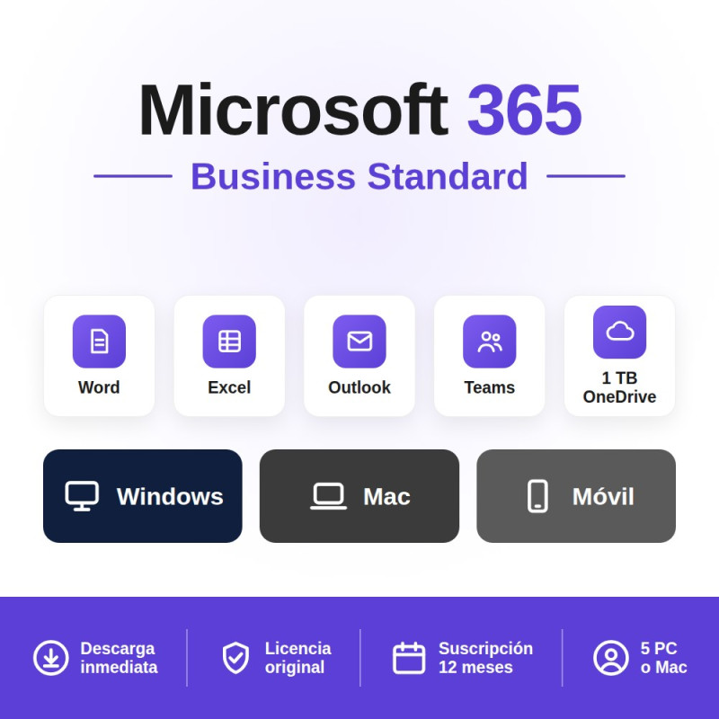 Microsoft 365 Business Standard - 5 PCs/MAC - Assinatura: 12 meses
