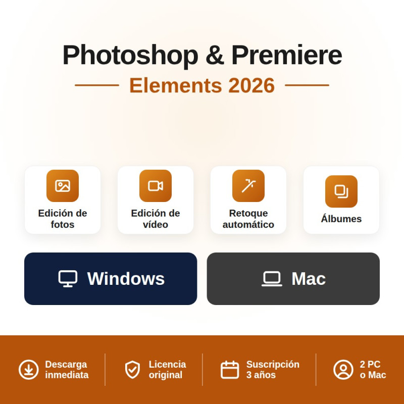 Adobe Photoshop & Premiere Elements 2026 - 2 PC/MAC - Assinatura 3 años